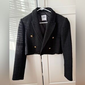 Zara Women's Black Textured Blazer with Gold Buttons